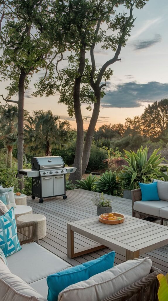 An Outdoor Grill Station with a standalone stainless steel grill and cabinetry unit set up on a wooden deck. Outdoor seating with sofas, chairs, and ottomans is arranged around a coffee table. Large trees and lush vegetation are in the background.
