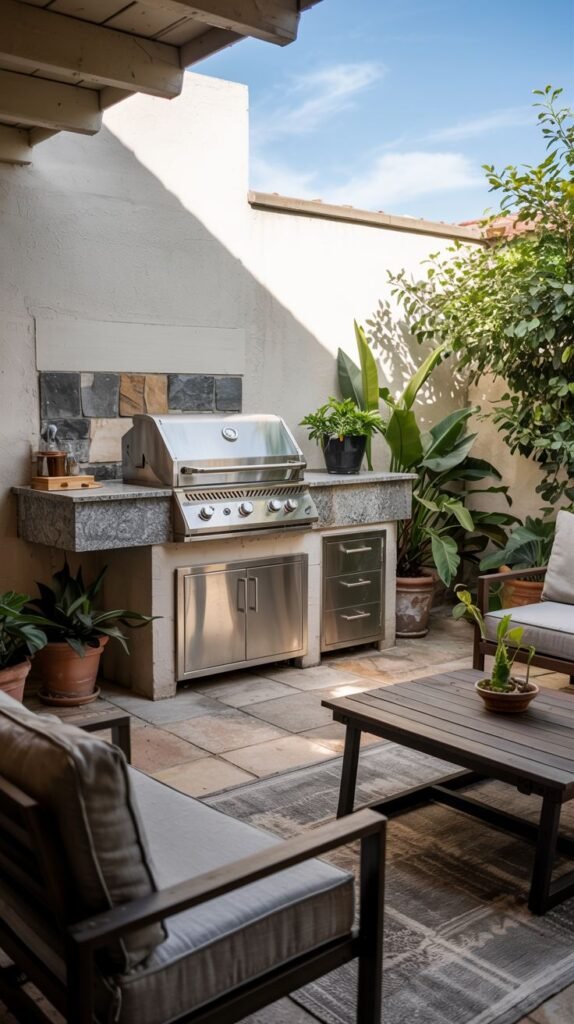 A compact Outdoor Grill Station area built against a stucco wall in a courtyard. It features a stainless steel grill and cabinetry with a granite countertop and stone tile backsplash. Potted plants surround the area, and outdoor seating is in the foreground.