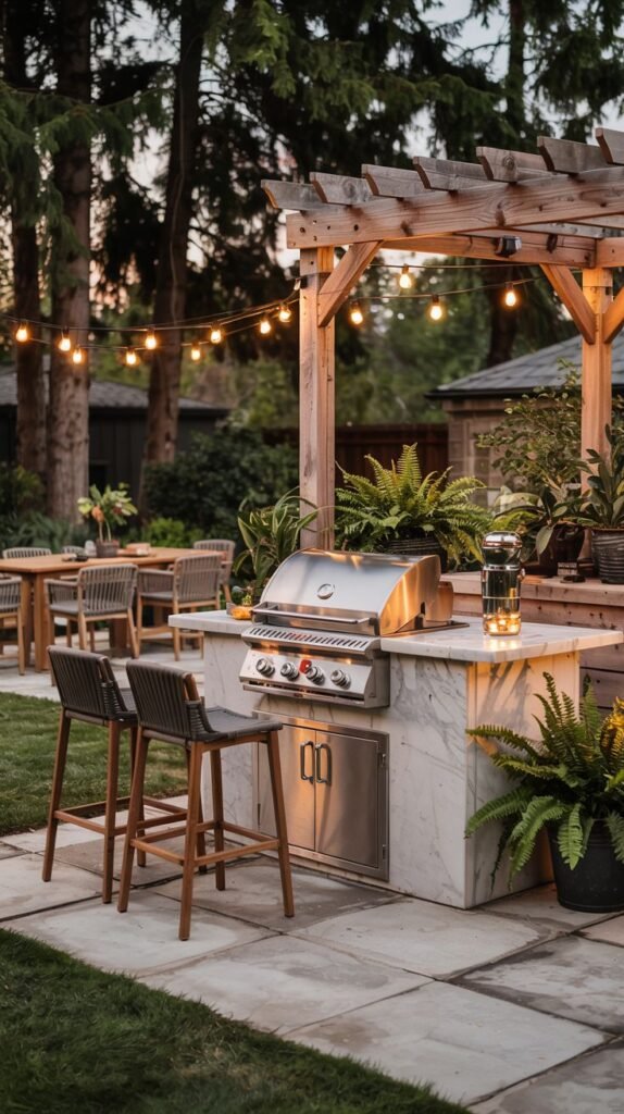 An Outdoor Grill Station with a stainless steel grill and cabinetry built into a white marble block structure, located on a patio with square pavers and grass between them. It is under a wooden pergola with string lights and surrounded by trees and ferns. Two bar stools are at the kitchen counter, and a dining table is visible in the background.