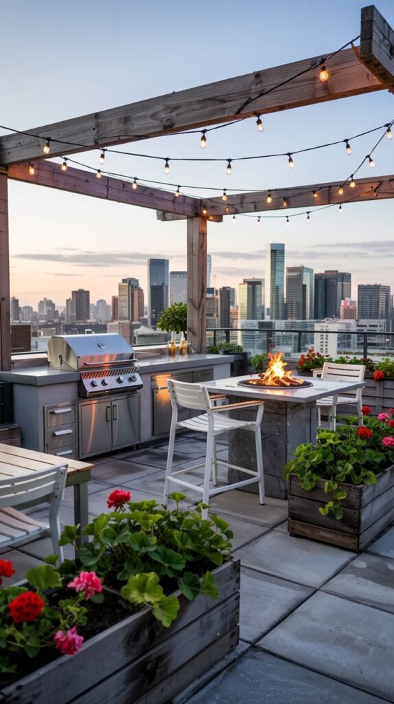 A rooftop Outdoor Grill Station with a stainless steel grill and cabinetry, situated on a tiled patio. There is a dining table with a fire pit in the center and several chairs. Planter boxes with red flowers line the edge of the patio, and a city skyline is visible in the distance. String lights are strung across a wooden pergola overhead.