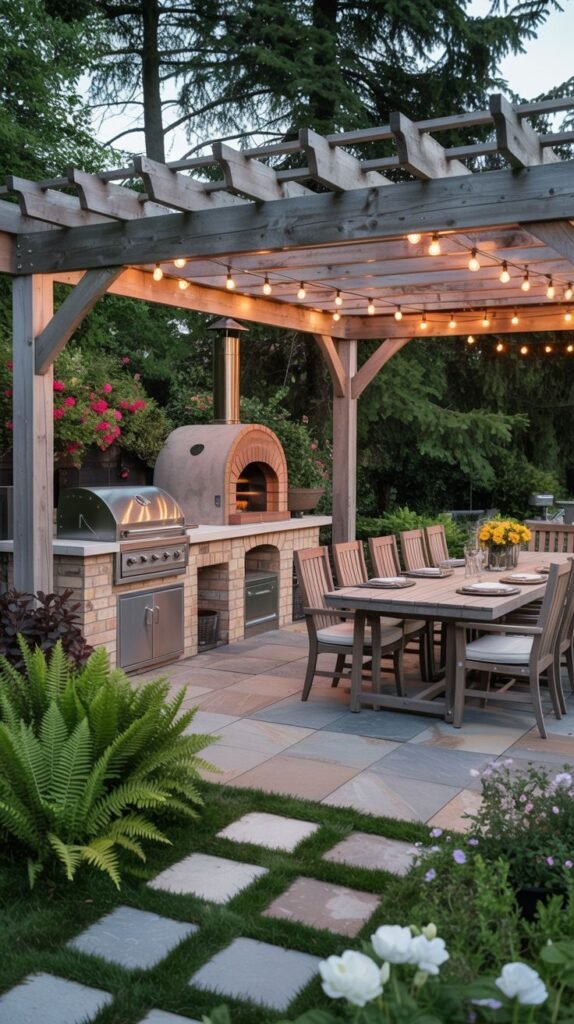 An Outdoor Grill Station area with a stainless steel grill and a domed pizza oven built into a stone block structure. It is under a wooden pergola with string lights. A large wooden dining table with chairs is set on a stone paver patio surrounded by plants and grass.
