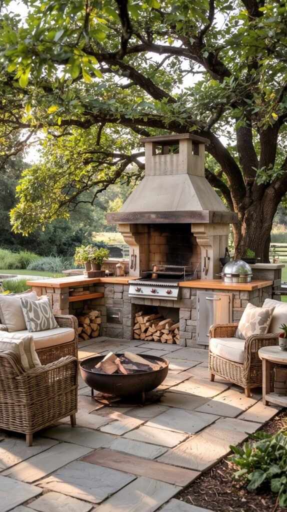 An Outdoor Grill Station featuring a stainless steel grill, cabinetry, and a large stone fireplace structure with wood storage underneath, located under a large tree. The kitchen has wooden countertops and a stone block base. Wicker chairs are arranged around a metal fire pit on a patio with irregularly shaped stone pavers.