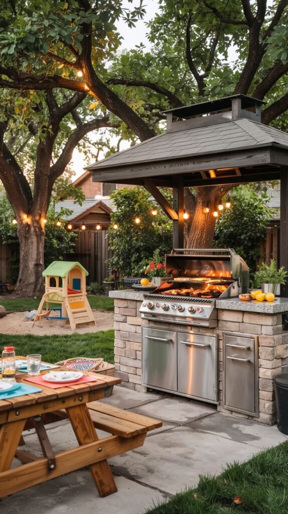 An Outdoor Grill Station with a stainless steel grill built into a stone and brick base, located under a metal pergola or gazebo. String lights are hung in the trees surrounding the area. A wooden picnic table is in the foreground, and a small wooden playhouse is visible in the background.