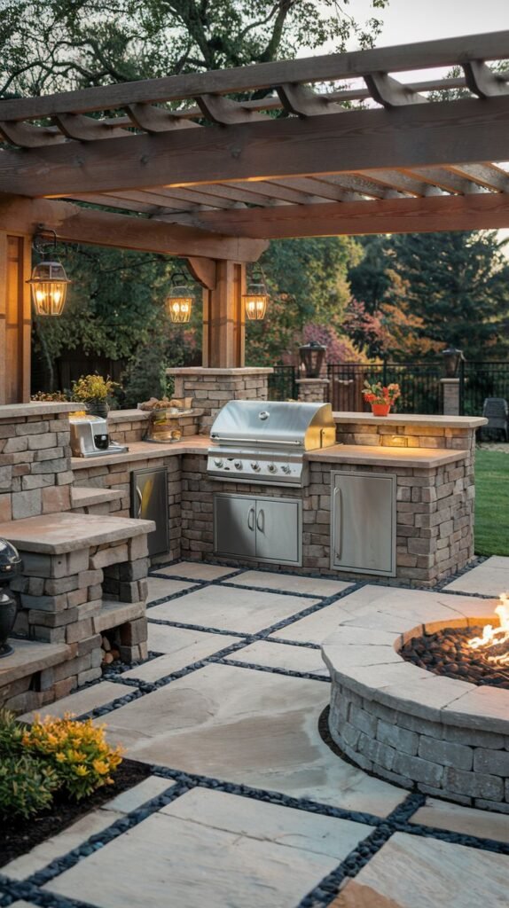 An Outdoor Grill Station area with a stainless steel grill and cabinetry built into stacked stone walls, under a wooden pergola with lanterns. There is a curved stone fire pit on a patio with square pavers and black river stones between them. Steps are built into the kitchen structure.