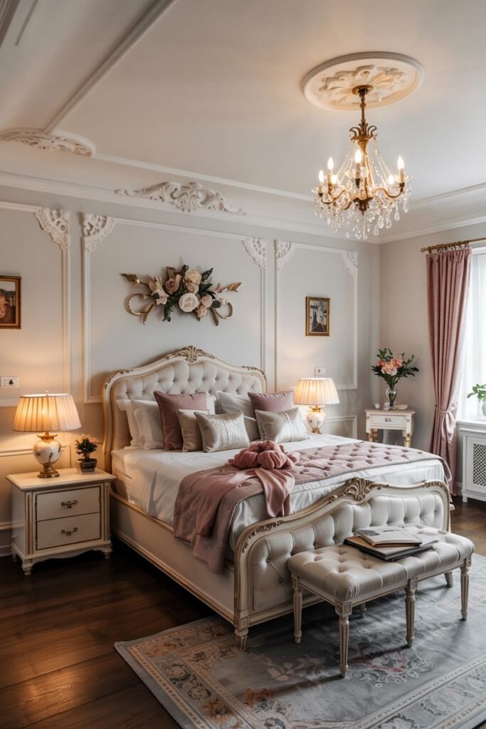 A dreamy bedroom with a white tufted bed, pink accents, a crystal chandelier, and decorative wall molding.