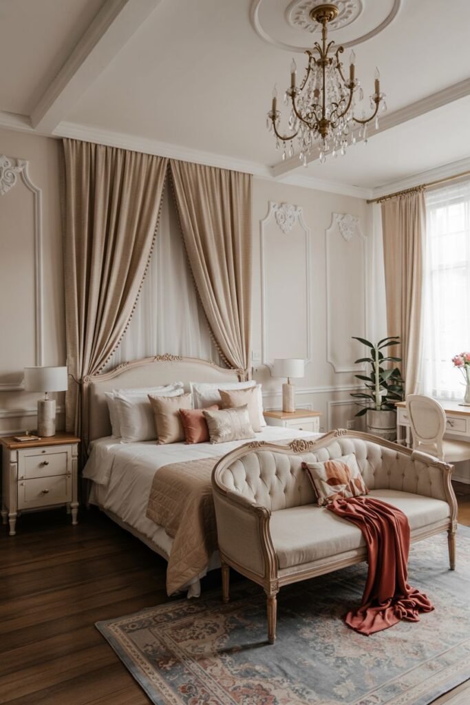 A dreamy bedroom featuring a bed with a soft peach canopy, ornate moldings, a chandelier, and a comfortable sofa at the foot of the bed.