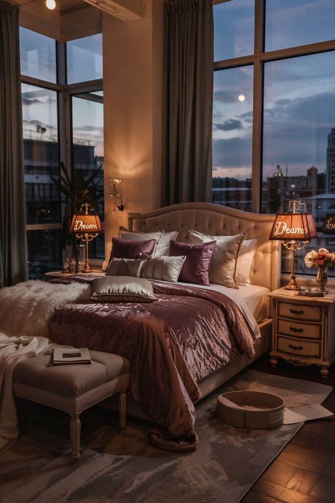A dreamy bedroom with a metallic purple bedspread, lamps that spell "Dream," and a view of a city skyline through large windows.