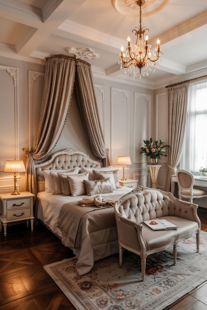A dreamy bedroom with a beige canopy bed featuring fringed trim, ornate molding, a crystal chandelier, and a tufted bench at the foot.