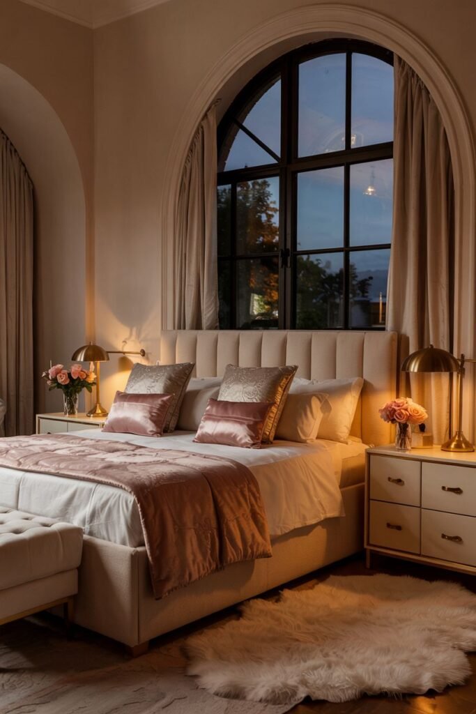 A dreamy bedroom at twilight with an arched window, a bed with a padded headboard, pink accents on the bedding, and modern bedside lamps.