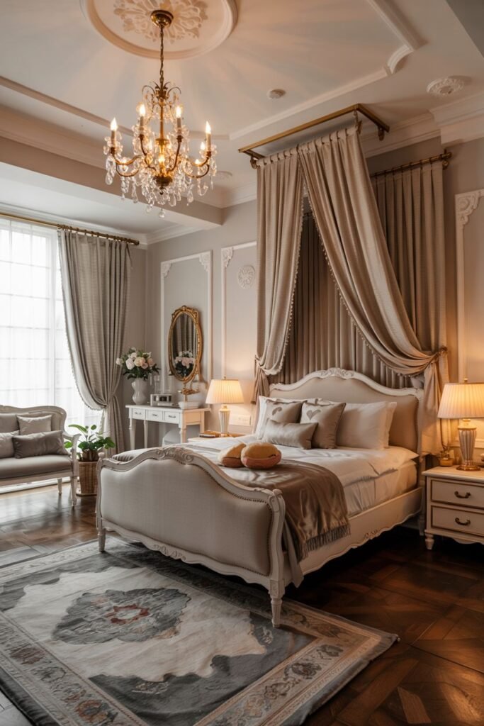 A dreamy bedroom with a canopy bed, intricate molding, a chandelier, and a detailed rug, evoking a sense of classic elegance.