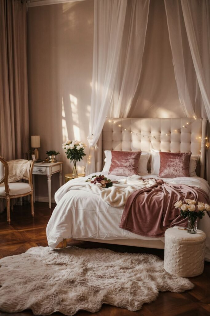 A dreamy bedroom with fairy lights strung above a white tufted bed, featuring pink pillows and a soft pink throw, creating a cozy atmosphere.