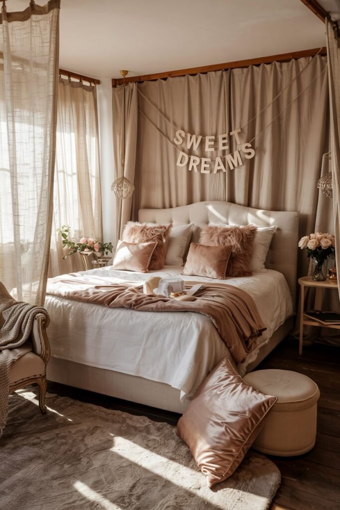 A dreamy bedroom with a sign that says "SWEET DREAMS" above the bed, soft neutral colors, and flowing drapes.