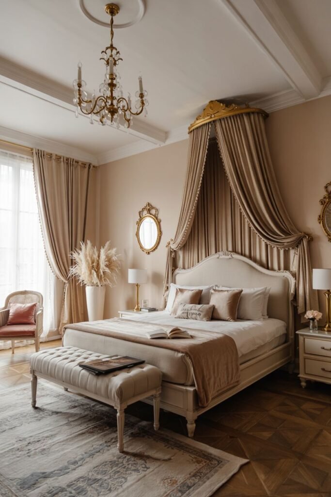 A dreamy bedroom with a striking gold-trimmed canopy, a classic chandelier, and a plush bench at the foot of the bed.