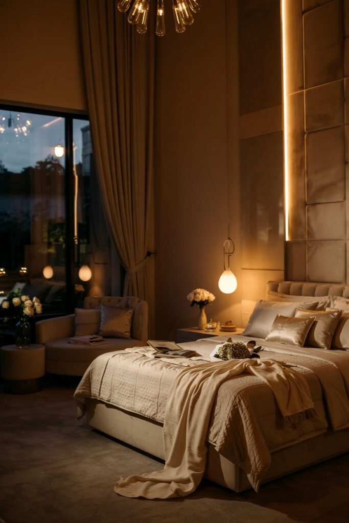 A dreamy bedroom with modern design elements, including a padded wall panel with integrated lighting and a view of city lights.