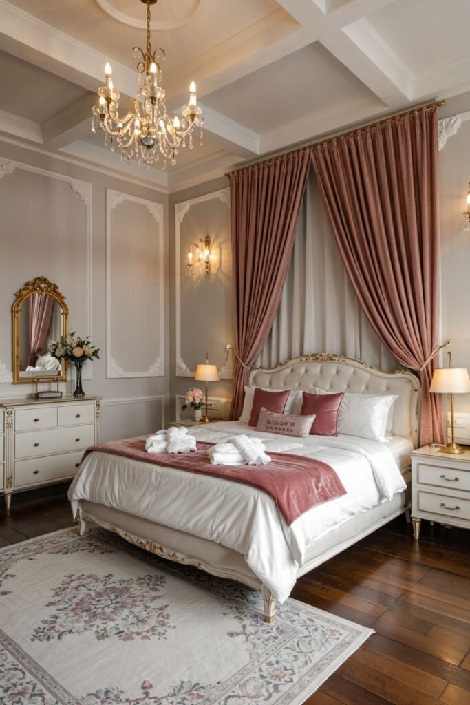 A dreamy bedroom featuring a bed with a dusty rose canopy and throw, a crystal chandelier, and ornate molding on the walls.