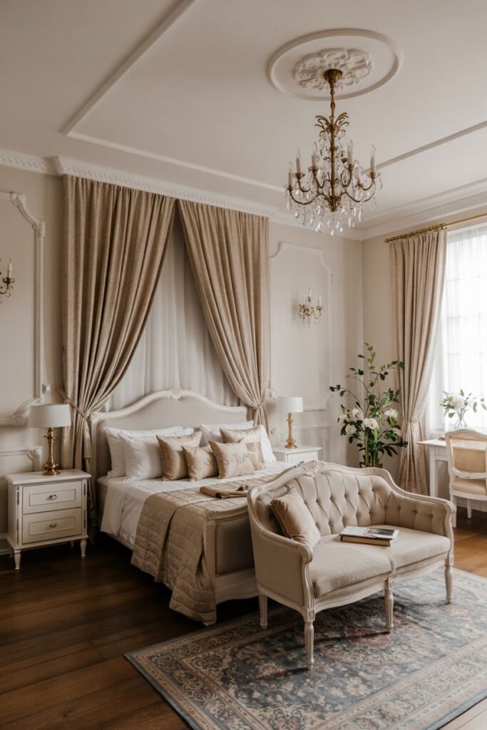 A dreamy bedroom with a canopy bed in a neutral tone, classic wall moldings, a chandelier, and a sofa at the foot of the bed.