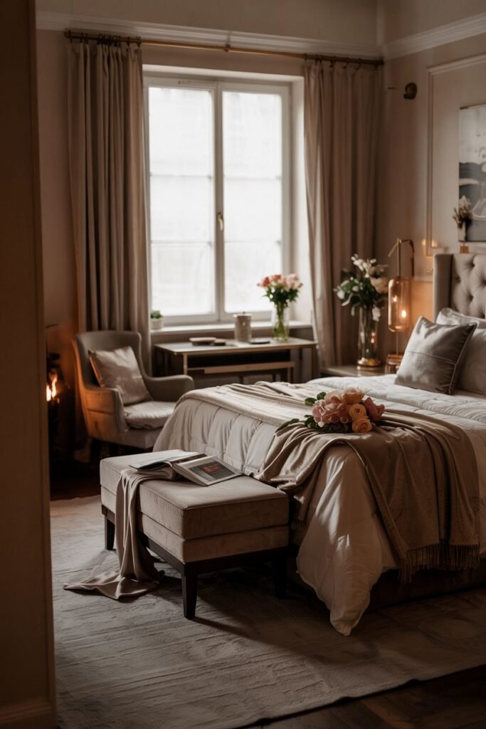 A dreamy bedroom with a view of a window, a comfortable bed, a seating area with a chair and ottoman, and soft lighting.