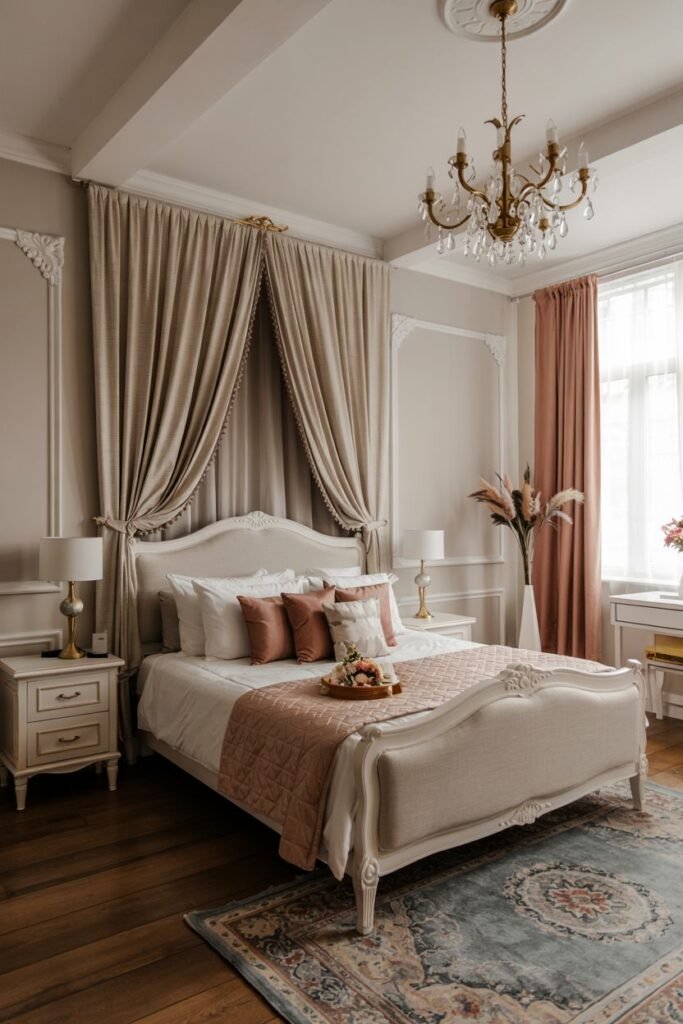 A dreamy bedroom showcasing a canopy bed with soft peach drapes, ornate ceiling details, a chandelier, and colorful accent pillows.