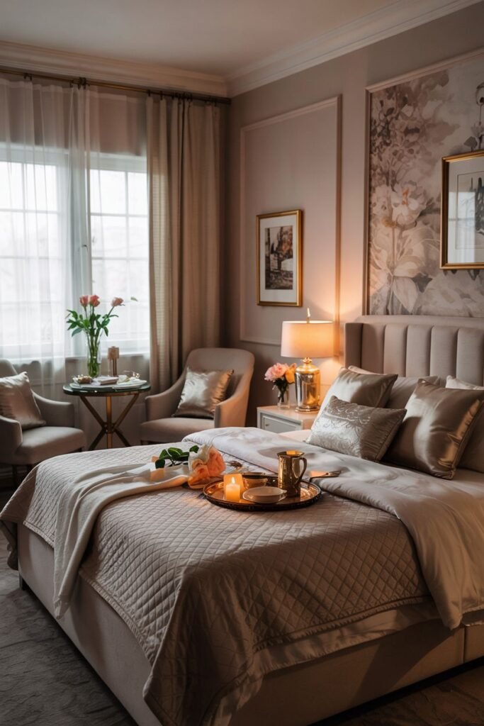 A dreamy bedroom with a padded headboard against a floral wallpaper accent wall, featuring a bed with quilted bedding and a small table with seating.