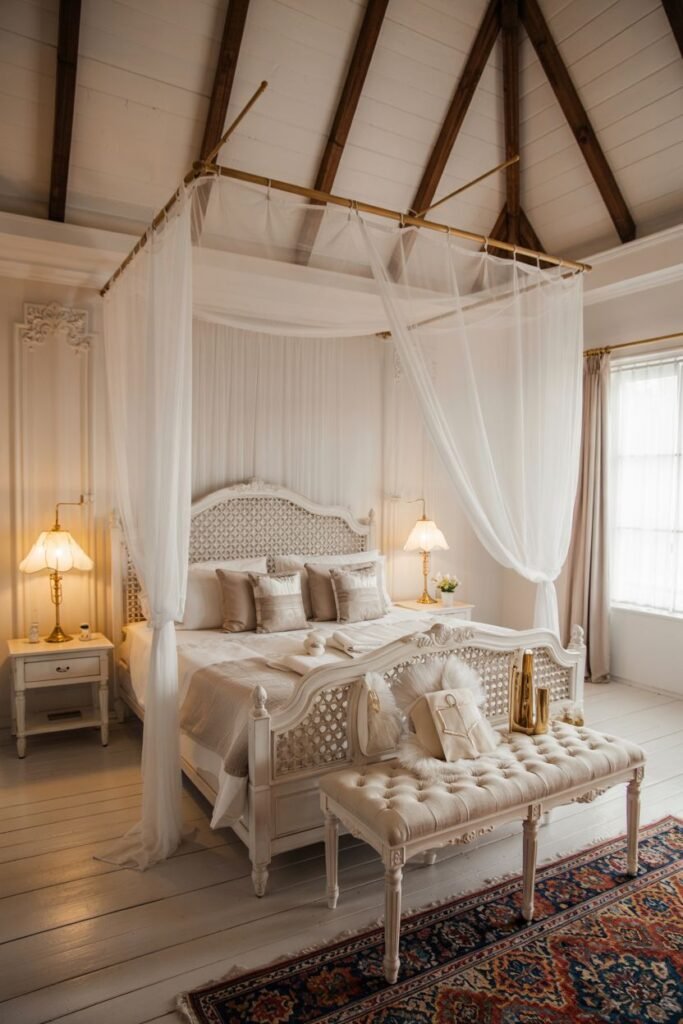 A dreamy bedroom with a white canopy bed, exposed white wooden beams on the ceiling, and a light, airy feel.
