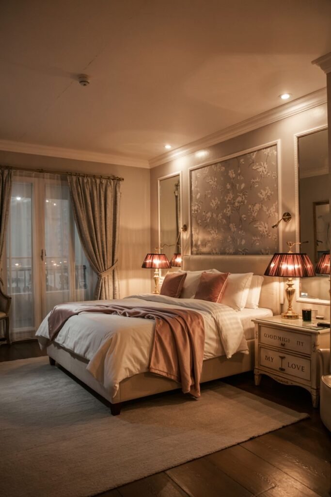 A dreamy bedroom with ornate bedside lamps, a bed with a pink throw, and a mirrored accent wall with floral details.