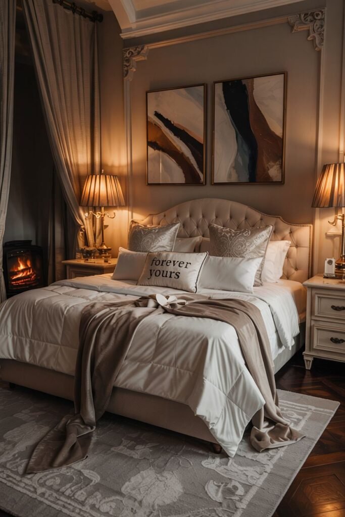 A dreamy bedroom with classic decor, including a button-tufted headboard, traditional bedside lamps, and abstract artwork on the wall