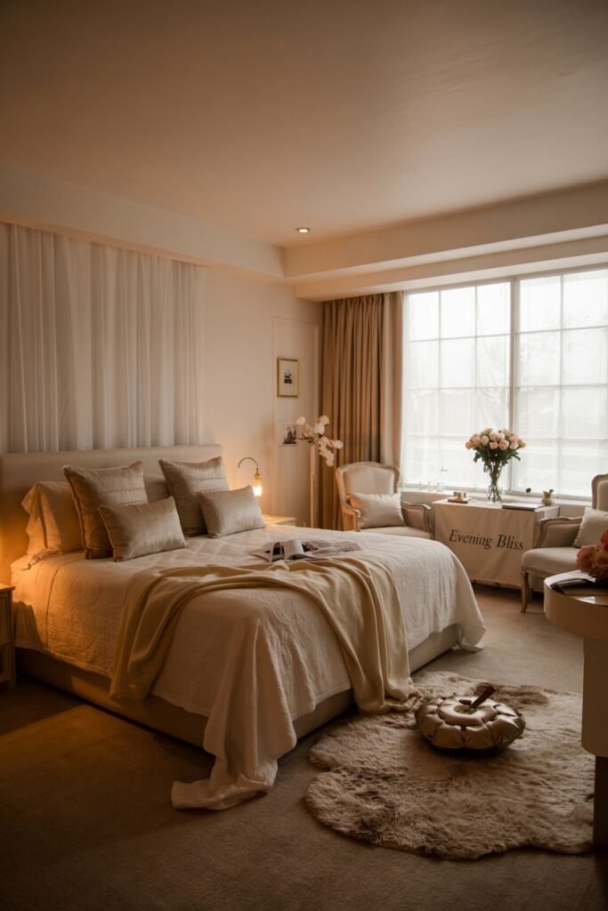 A dreamy bedroom with soft lighting, a large bed with light-colored bedding and a throw, and a small seating area near a window.