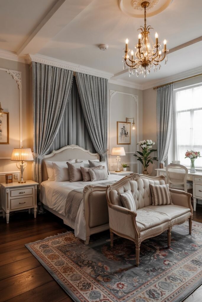 A dreamy bedroom with a large bed, a grey canopy, a classic sofa at the foot of the bed, and a crystal chandelier.