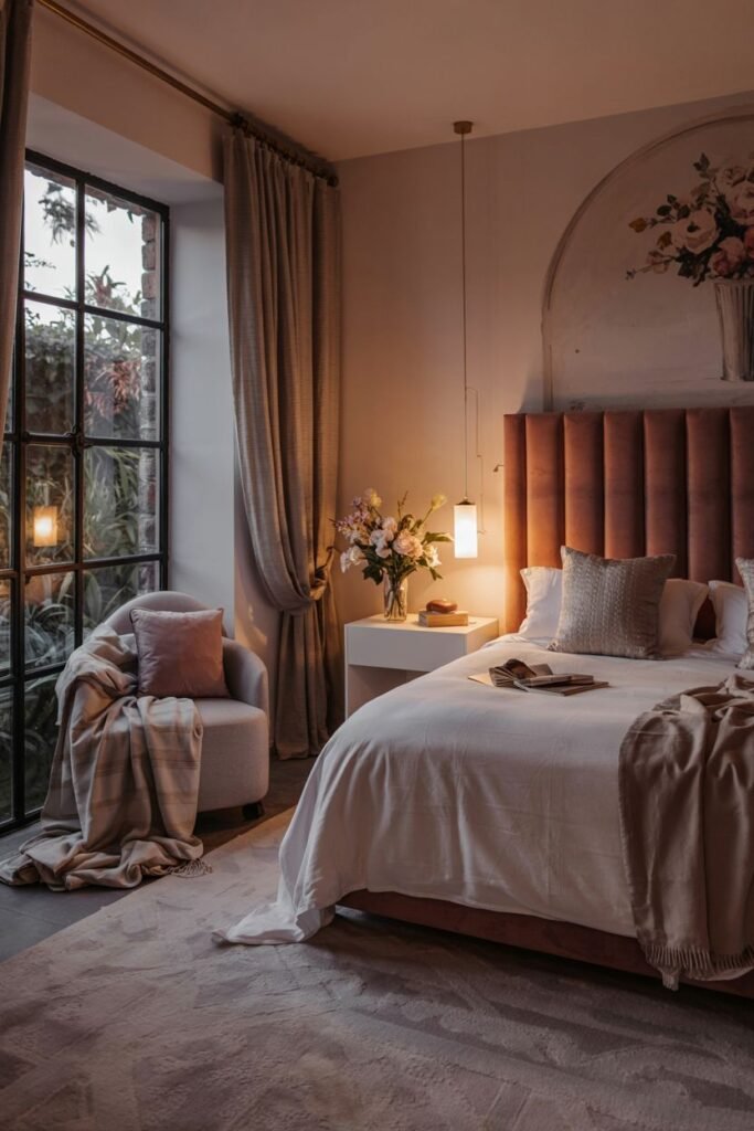 A dreamy bedroom with warm lighting from a pendant lamp, a bed with a tall rust-colored headboard, and a comfortable armchair by a large window.