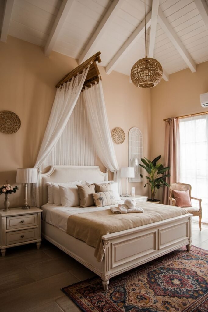 A dreamy bedroom with exposed wooden beams, a white canopy bed, and a large woven pendant lamp, suggesting a relaxed, possibly tropical, feel.