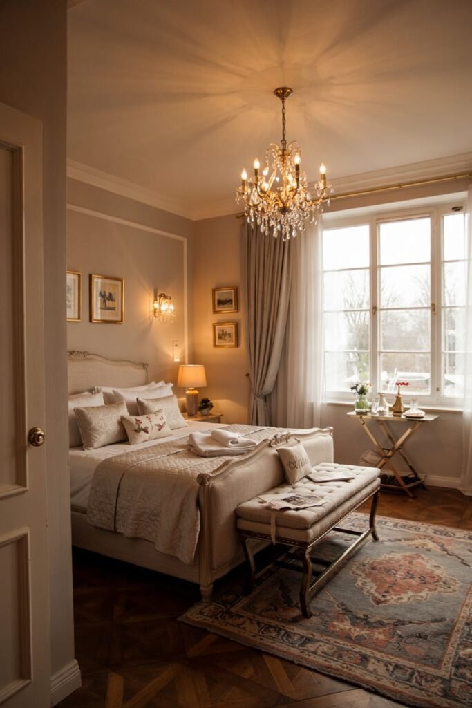 A dreamy bedroom with warm light streaming through a large window, a bed with detailed headboard, a bench at the foot, and a glittering chandelier.