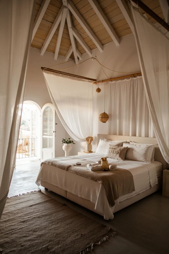 A dreamy bedroom with a tall canopy bed, white flowing drapes, and large arched windows opening to a balcony, creating a light-filled space.