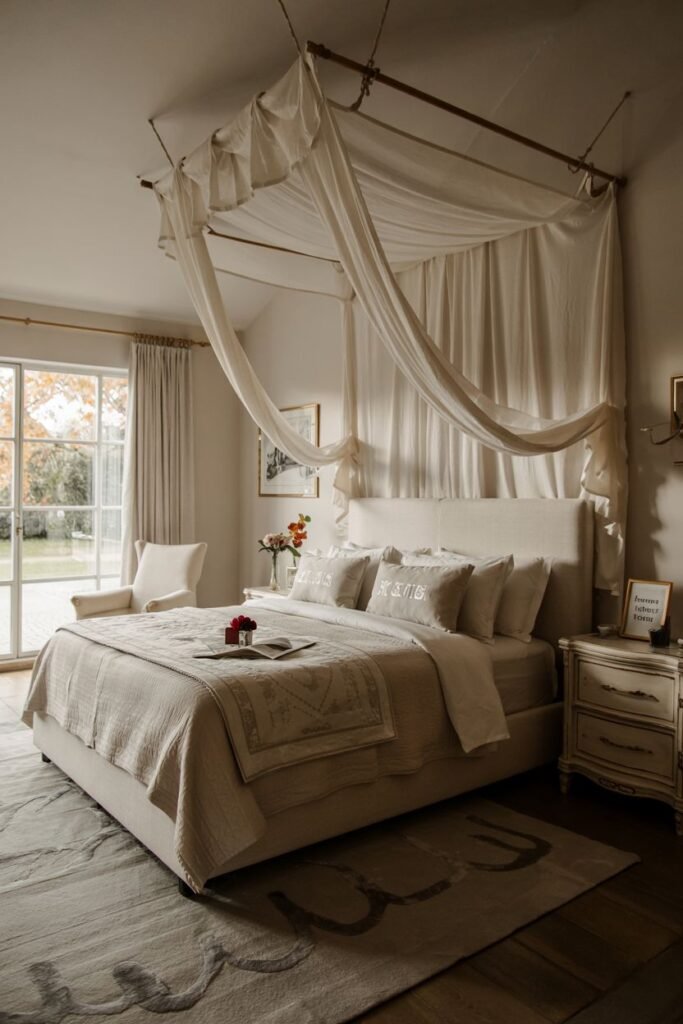 A dreamy bedroom with a large canopy bed draped in sheer fabric, looking out onto a garden through a wide window.