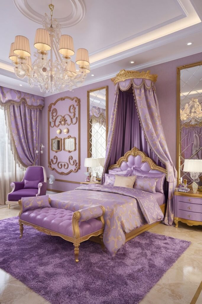 Dreamy princess bedroom featuring a luxurious purple and gold canopy bed, an elaborate chandelier, and large mirrors.