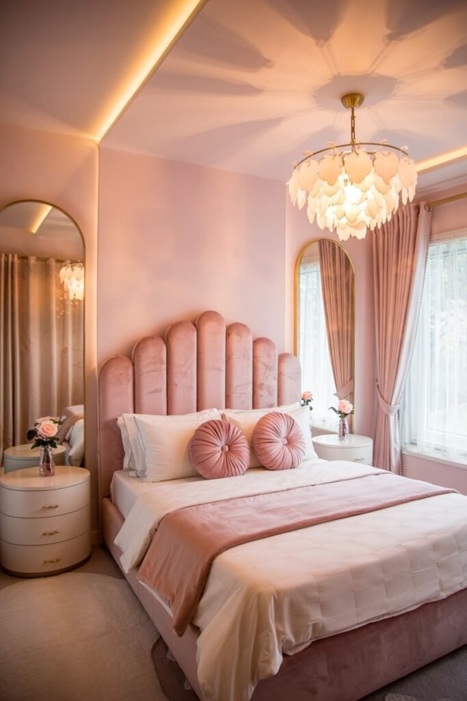 Modern dreamy princess bedroom in pink with a velvet bed, round pillows, a unique chandelier, and a full-length mirror.