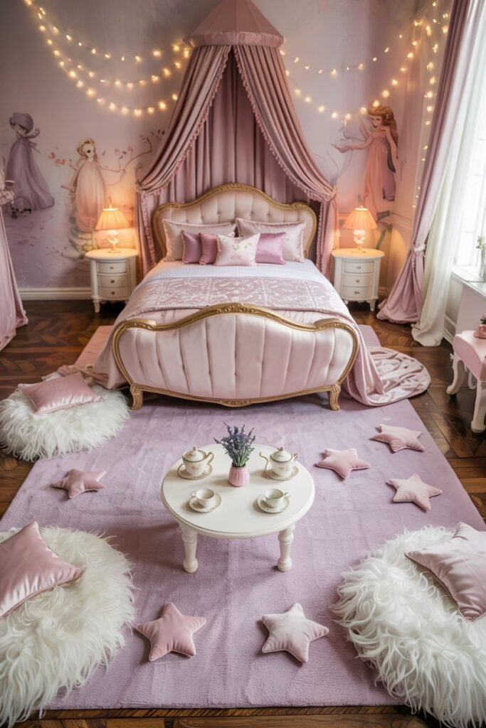 Dreamy princess bedroom with wall murals of princesses, a canopy bed decorated with string lights, a pink rug, and star-shaped floor pillows.