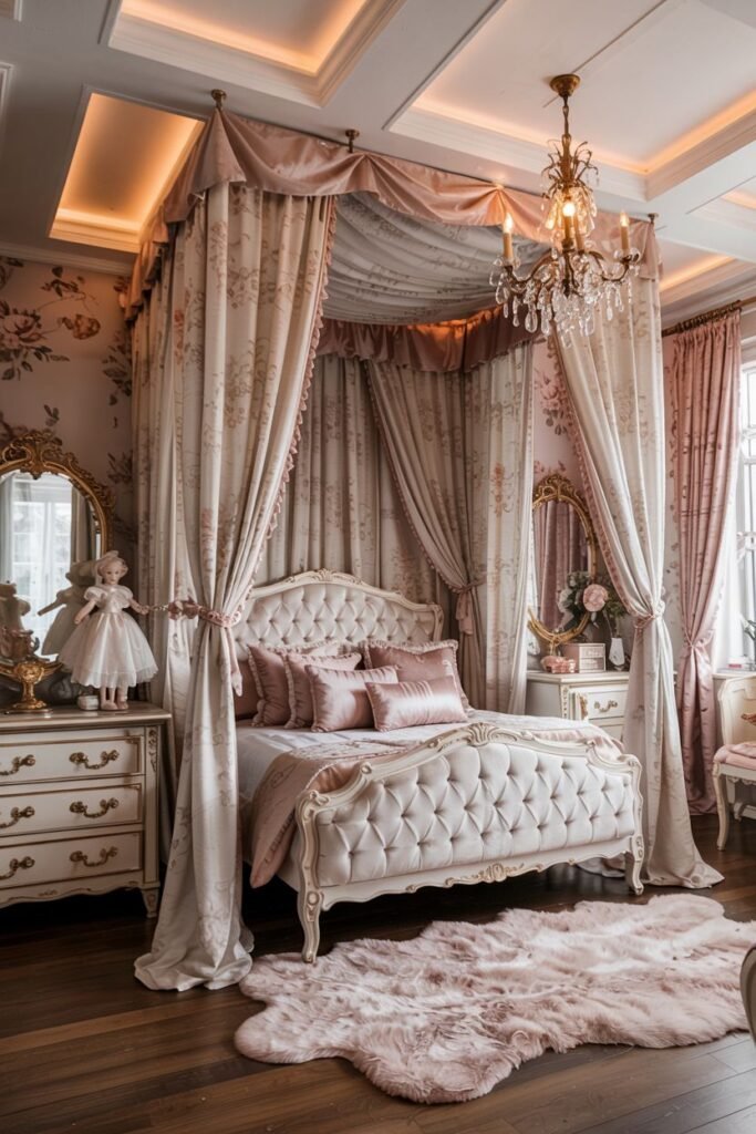 Dreamy princess bedroom with a tufted bed, a canopy with floral drapes, floral wallpaper, a vanity, and a doll.