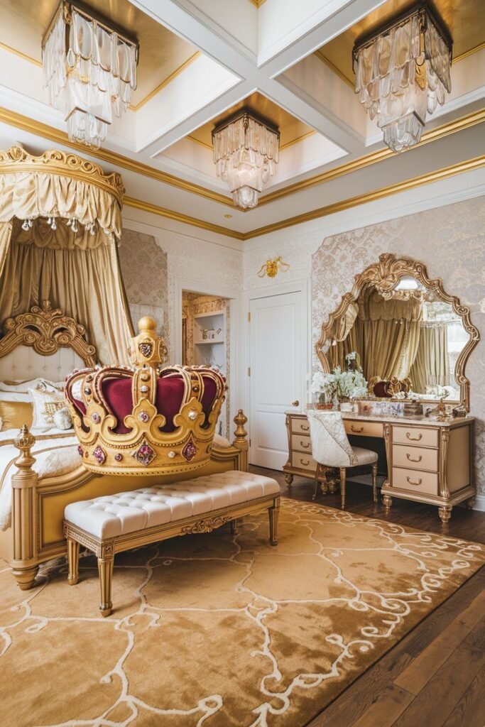 Luxurious dreamy princess bedroom dominated by gold accents, a canopy bed, a large decorative crown, and multiple chandeliers.