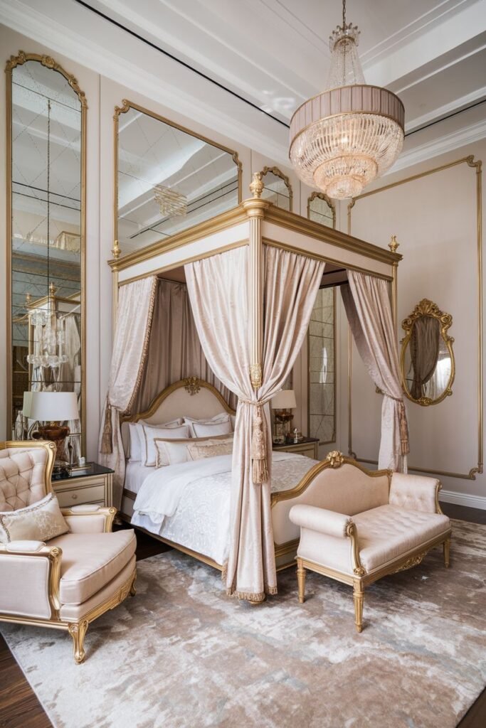 Elegant dreamy princess bedroom with a four-poster bed, large framed mirrors, a crystal chandelier, and cream and gold furniture.