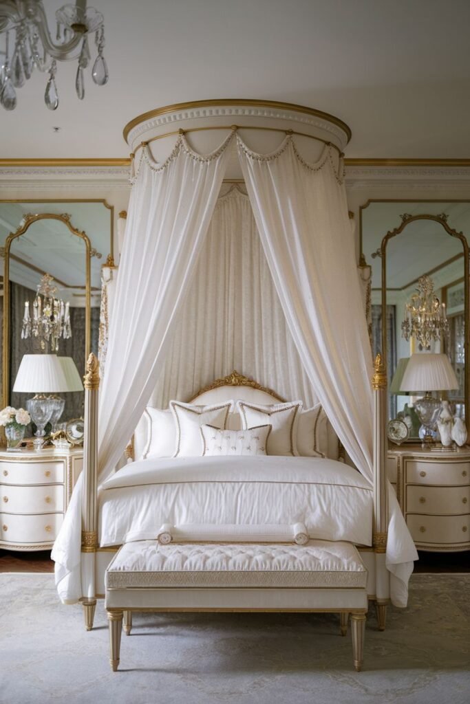 Dreamy princess bedroom featuring a round canopy bed in white and gold, large mirrors behind the nightstands, and a crystal chandelier.