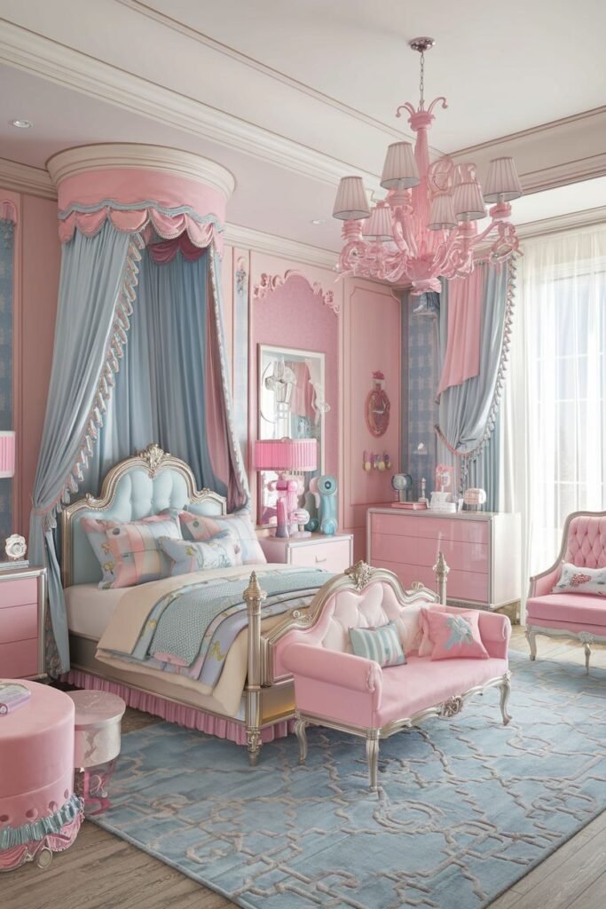 Colorful dreamy princess bedroom in pink and blue with a canopy bed, a pink chandelier, a dresser, and various decorative items.