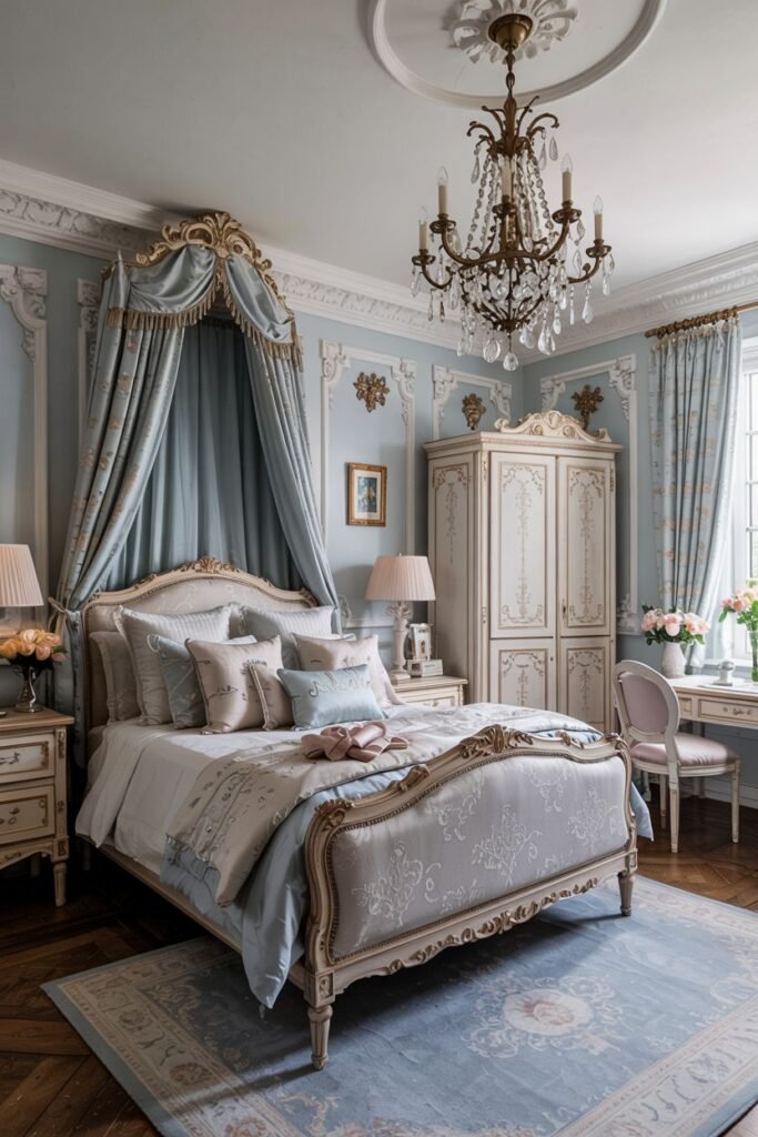 Elegant dreamy princess bedroom in blue and cream with a canopy bed, ornate wall moldings, a large wardrobe, and a desk.