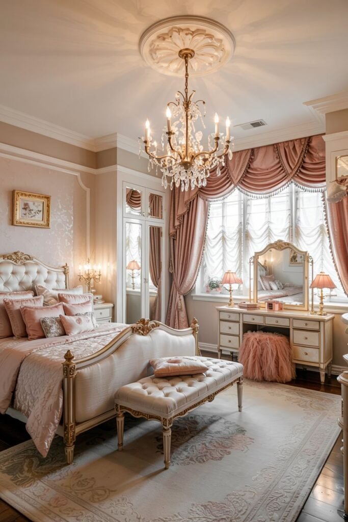 Dreamy princess bedroom in pink and cream with a tufted bed, large draped windows, a crystal chandelier, and a vanity table.
