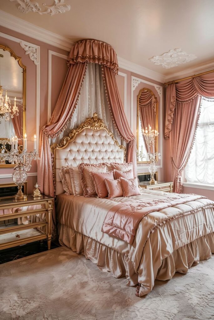 Dreamy princess bedroom in pink and gold with a canopy bed, mirrored nightstands, candelabras, and a chandelier.