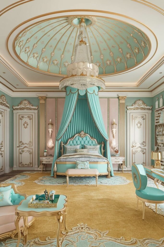 Dreamy princess bedroom with a blue and pink color scheme, an ornate ceiling with a dome canopy over the bed, and a chandelier.