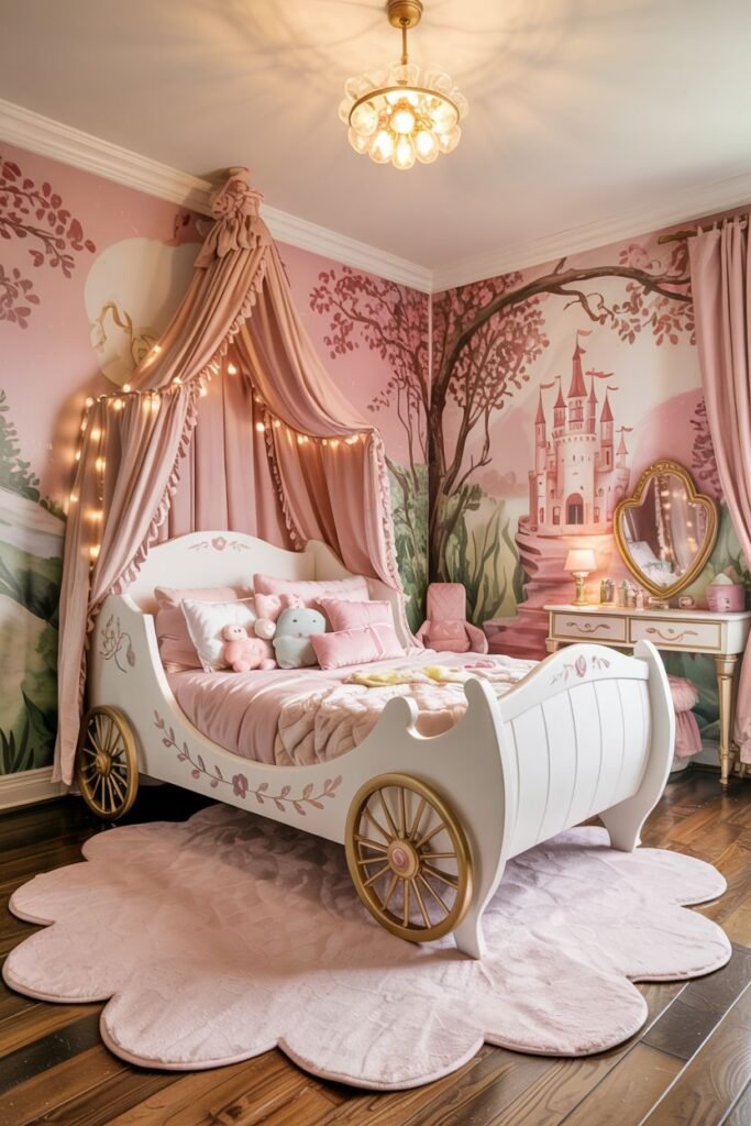 Dreamy princess bedroom featuring a white carriage bed, a wall mural depicting a forest and castle, and string lights.