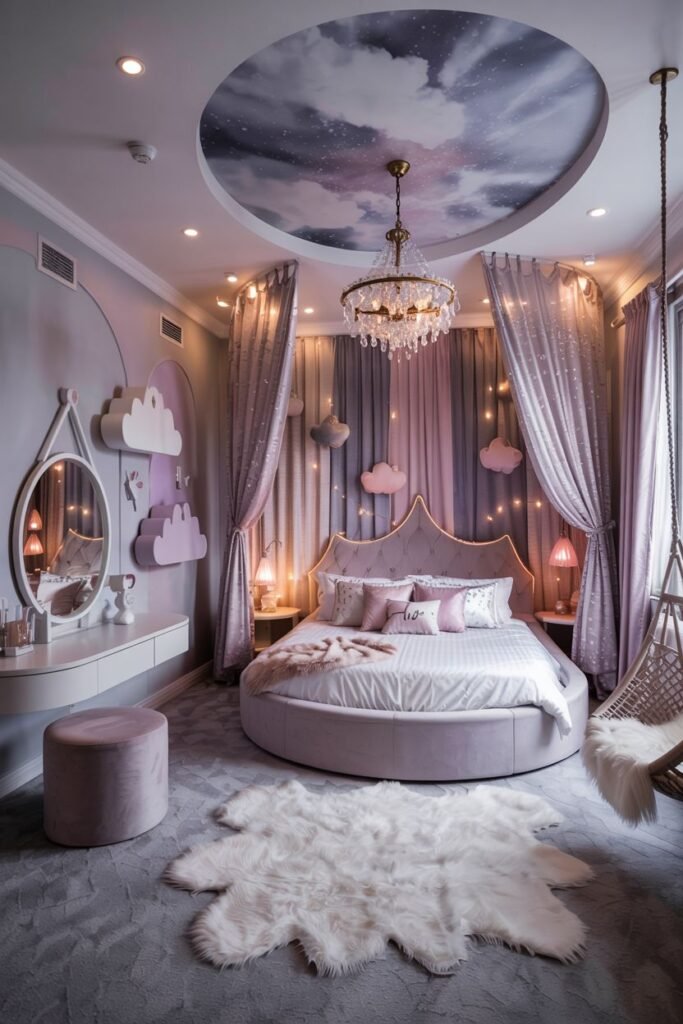 Dreamy princess bedroom with a round bed, a ceiling painted with clouds and stars, cloud wall decor, string lights, and a swing chair.