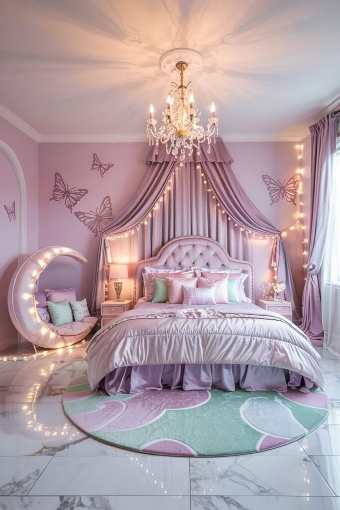 Dreamy princess bedroom in pink with butterfly wall decorations, a canopy bed illuminated by string lights, and a moon-shaped chair.