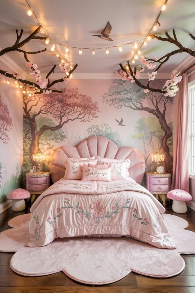 Dreamy princess bedroom in pink with a shell-shaped headboard, floral bedding, a forest mural on the wall, and mushroom-shaped nightstands.