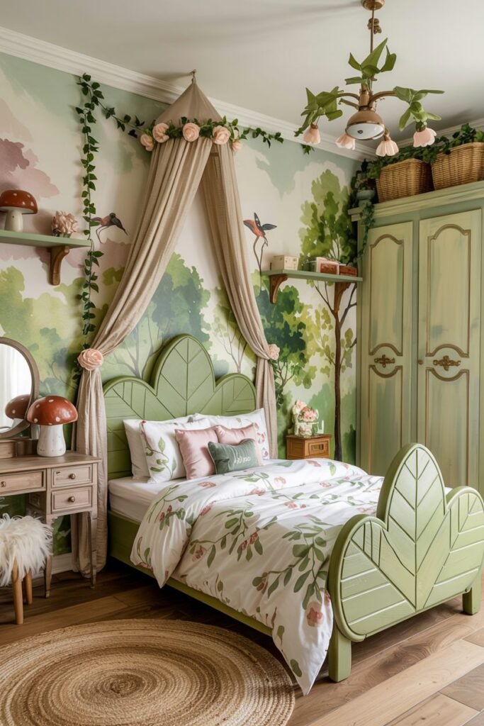 Dreamy princess bedroom with a green leaf-shaped bed, a forest mural, mushroom decor, and a rustic wardrobe.